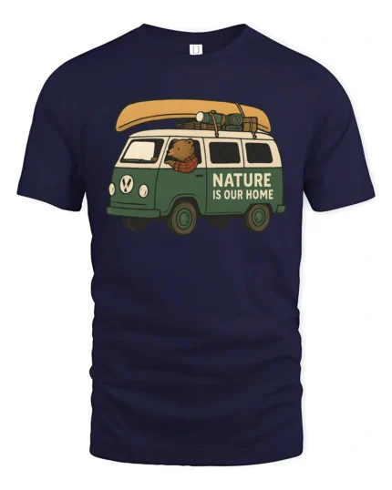 Nature Is Our Home Camper Van Adventure Graphic Tee Tshirt - navy t-shirt on white background