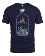 Ship In A Bottle Kraken Ocean Adventure Graphic Tee Tshirt - navy t-shirt on white background