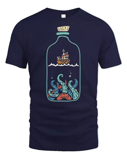 Ship In A Bottle Kraken Ocean Adventure Graphic Tee Tshirt - navy t-shirt on white background