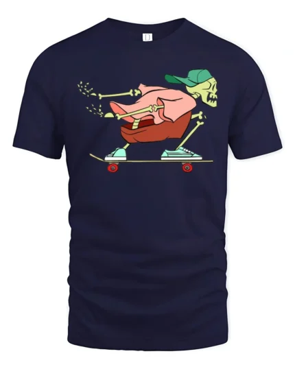 Cool Skeleton Skater Street Style Graphic Tee Tshirt - navy t-shirt on white background