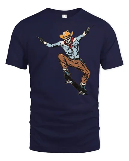 Cowboy Skeleton Skateboard Trick Western Style Graphic Tee Tshirt - navy t-shirt on white background