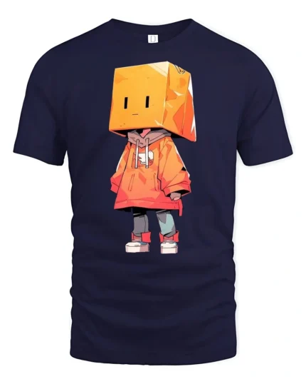 Cute Box Head Hoodie Character Streetwear Graphic Tee Tshirt - navy t-shirt on white background