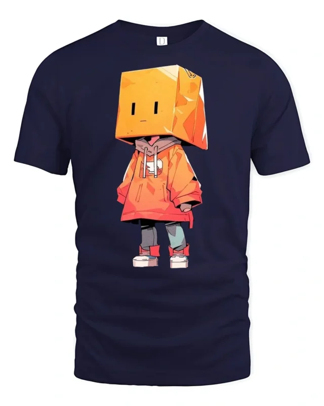 Cute Box Head Hoodie Character Streetwear Graphic Tee Tshirt - navy t-shirt on white background