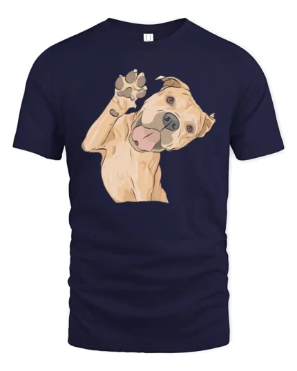 Cute Happy Dog Waving Paw Cartoon Graphic Tee Tshirt - navy t-shirt on white background