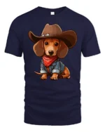 Cute Cowboy Dachshund Dog Cartoon Western Style Graphic Tee Tshirt - navy t-shirt on white background