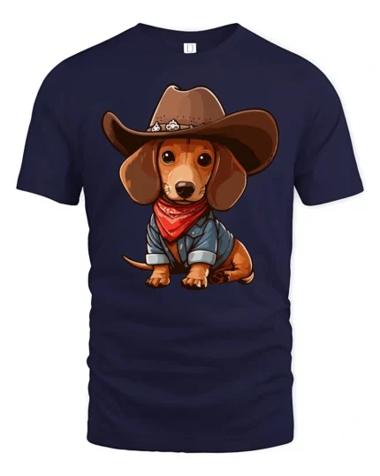 Cute Cowboy Dachshund Dog Cartoon Western Style Graphic Tee Tshirt - navy t-shirt on white background