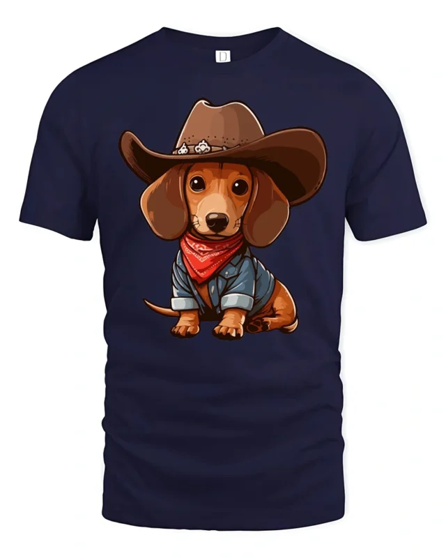 Cute Cowboy Dachshund Dog Cartoon Western Style Graphic Tee Tshirt - navy t-shirt on white background