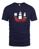 Cute Cartoon Pirate Ship Minimal Style Ocean Adventure Graphic Tee Tshirt - navy t-shirt on white background