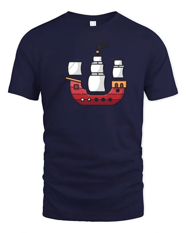 Cute Cartoon Pirate Ship Minimal Style Ocean Adventure Graphic Tee Tshirt - navy t-shirt on white background