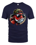 Cool Fishing Fish Wearing Sunglasses Funny Graphic Tee Tshirt - navy t-shirt on white background