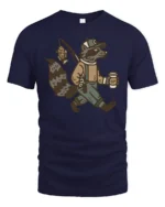Funny Raccoon Fisherman Graphic Tee Vintage Animal Tshirt - navy t-shirt on white background