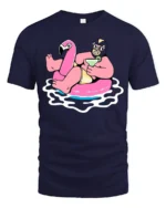 Funny Flamingo Pool Party Graphic Tee Summer Drink Cartoon Tshirt - navy t-shirt on white background