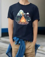Campfire Mountain Adventure Outdoor Nature Vibes Graphic T Shirt - model wearing navy tee with hands in pockets