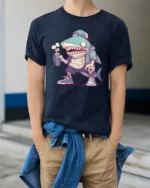 Cool Shark with Spray Can Hip Hop Cartoon Graphic Tee Tshirt - model wearing navy tee with hands in pockets