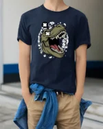 Cool Dinosaur T Rex Roar Comic Style Graphic Tee Fun Tshirt - model wearing navy tee with hands in pockets