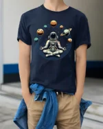 Astronaut Meditation Space Planets Zen Cosmic Graphic Tee Tshirt - model wearing navy tee with hands in pockets