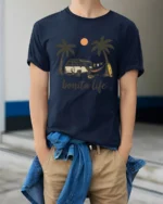 Bonita Life Beach Van Camping Sunset Vibes Graphic Tee Tshirt - model wearing navy tee with hands in pockets