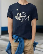 Deep Sea Angler Skeleton Fish Vintage Ocean Graphic Tee Tshirt - model wearing navy tee with hands in pockets