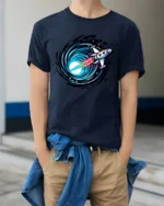 Space Rocket Warp Speed Galaxy Portal Cosmic Graphic Tee Tshirt - model wearing navy tee with hands in pockets