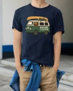 Nature Is Our Home Camper Van Adventure Graphic Tee Tshirt - model wearing navy tee with hands in pockets