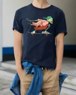 Cool Skeleton Skater Street Style Graphic Tee Tshirt - model wearing navy tee with hands in pockets