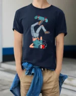 Funny Skateboard Fall Cartoon Skater Trick Fail Graphic T Shirt - model wearing navy tee with hands in pockets