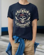 Let The Pirate Shenanigans Begin Skull Graphic Tee Tshirt - model wearing navy tee with hands in pockets