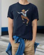 Cowboy Skeleton Skateboard Trick Western Style Graphic Tee Tshirt - model wearing navy tee with hands in pockets