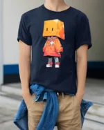Cute Box Head Hoodie Character Streetwear Graphic Tee Tshirt - model wearing navy tee with hands in pockets