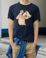 Cute Happy Dog Waving Paw Cartoon Graphic Tee Tshirt - model wearing navy tee with hands in pockets