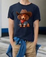 Cute Cowboy Dachshund Dog Cartoon Western Style Graphic Tee Tshirt - model wearing navy tee with hands in pockets
