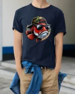 Cool Fishing Fish Wearing Sunglasses Funny Graphic Tee Tshirt - model wearing navy tee with hands in pockets
