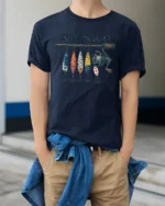 Catch Ya Later Funny Fishing Lures Vintage Graphic T Shirt - model wearing navy tee with hands in pockets