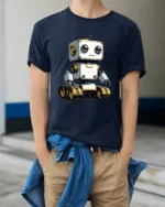 Adorable Robot on Tracks Tech Lover Graphic Tee Tshirt - model wearing navy tee with hands in pockets