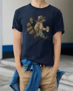 Funny Raccoon Fisherman Graphic Tee Vintage Animal Tshirt - model wearing navy tee with hands in pockets