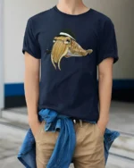 Dapper Squid with Hat and Pipe Cartoon Graphic Tee Tshirt - model wearing navy tee with hands in pockets