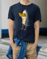 Funny Frog Shark Costume Cartoon Graphic Tee Quirky Animal Tshirt - model wearing navy tee with hands in pockets