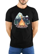 Campfire Mountain Adventure Outdoor Nature Vibes Graphic T Shirt - model wearing black tee with hands behind back
