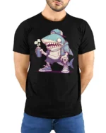 Cool Shark with Spray Can Hip Hop Cartoon Graphic Tee Tshirt - model wearing black tee with hands behind back