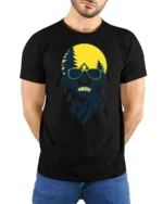 Cool Skull Camping Graphic Tee Outdoor Adventure Sunset Tshirt - model wearing black tee with hands behind back