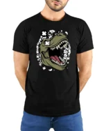 Cool Dinosaur T Rex Roar Comic Style Graphic Tee Fun Tshirt - model wearing black tee with hands behind back