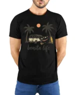 Bonita Life Beach Van Camping Sunset Vibes Graphic Tee Tshirt - model wearing black tee with hands behind back