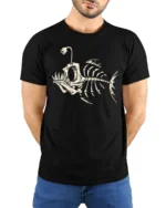 Deep Sea Angler Skeleton Fish Vintage Ocean Graphic Tee Tshirt - model wearing black tee with hands behind back