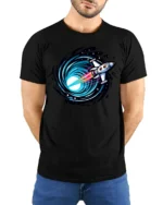 Space Rocket Warp Speed Galaxy Portal Cosmic Graphic Tee Tshirt - model wearing black tee with hands behind back