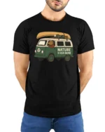 Nature Is Our Home Camper Van Adventure Graphic Tee Tshirt - model wearing black tee with hands behind back