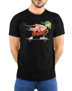 Cool Skeleton Skater Street Style Graphic Tee Tshirt - model wearing black tee with hands behind back