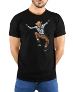 Cowboy Skeleton Skateboard Trick Western Style Graphic Tee Tshirt - model wearing black tee with hands behind back