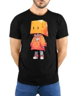 Cute Box Head Hoodie Character Streetwear Graphic Tee Tshirt - model wearing black tee with hands behind back