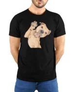 Cute Happy Dog Waving Paw Cartoon Graphic Tee Tshirt - model wearing black tee with hands behind back