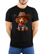 Cute Cowboy Dachshund Dog Cartoon Western Style Graphic Tee Tshirt - model wearing black tee with hands behind back
